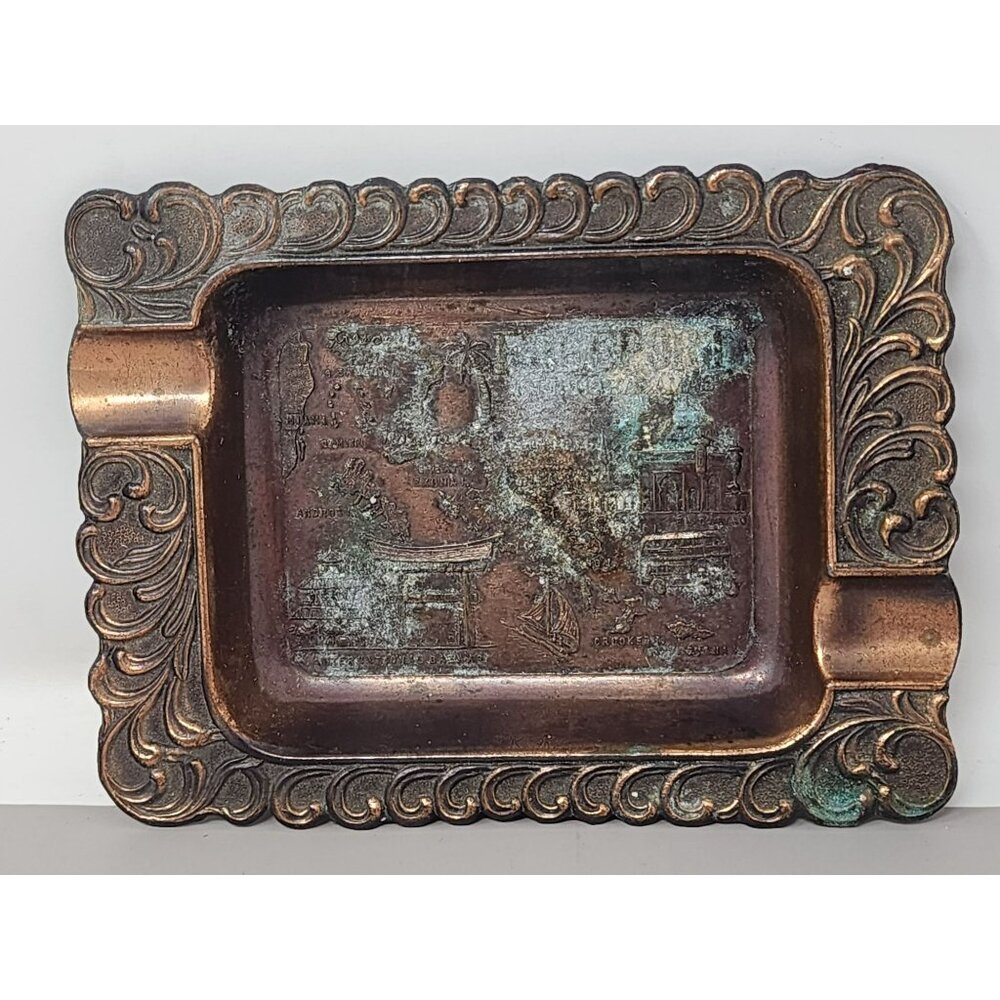 Vintage Copper Ashtray With Bahamas Map & Design Palm Trees‎ Islands